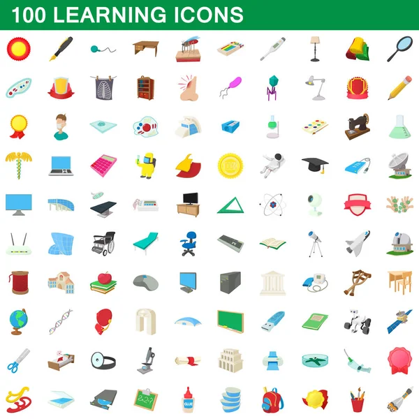 100 iconos de aprendizaje conjunto, estilo de dibujos animados — Vector de stock