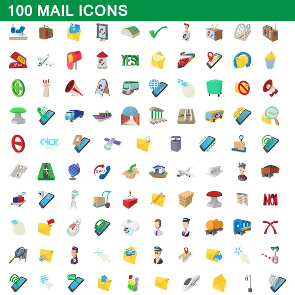 100 iconos de correo conjunto, estilo de dibujos animados — Vector de stock