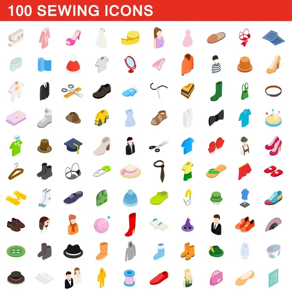100 sömnad ikoner set, isometrisk 3d-stil — Stock vektor