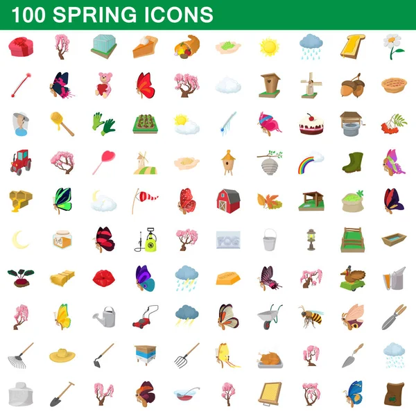 100 iconos de primavera conjunto, estilo de dibujos animados — Vector de stock
