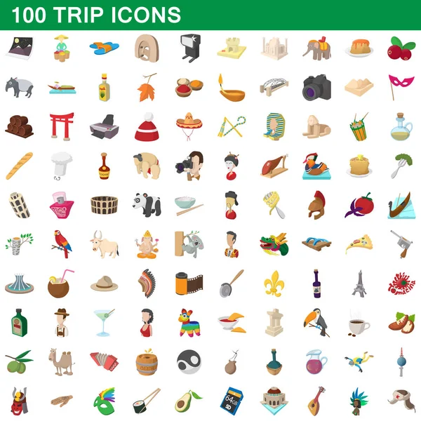 100 iconos de viaje conjunto, estilo de dibujos animados — Vector de stock