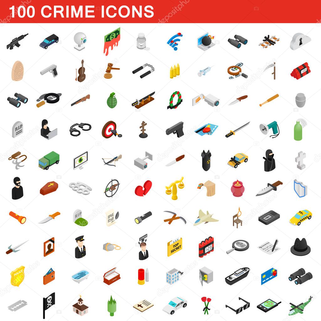 100 crime icons set, isometric 3d style