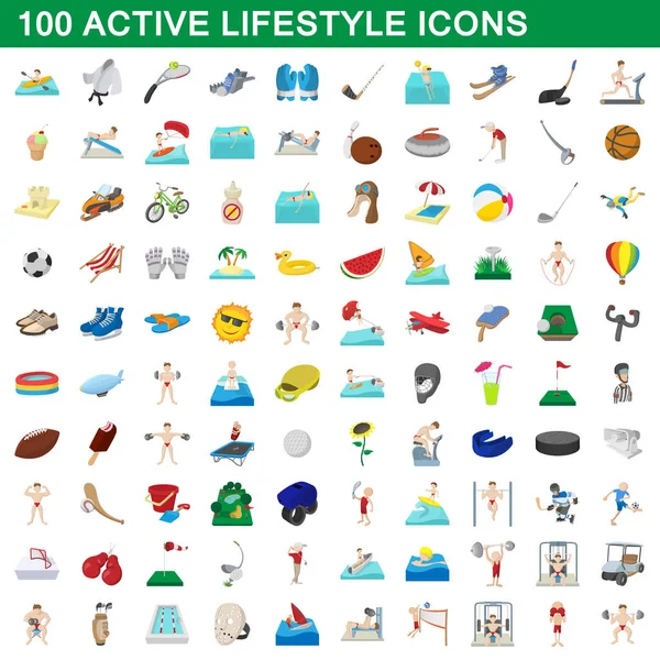 100 estilo de vida activo iconos conjunto, estilo de dibujos animados — Vector de stock