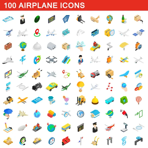 100 conjunto de iconos de avión, estilo isométrico 3d — Vector de stock