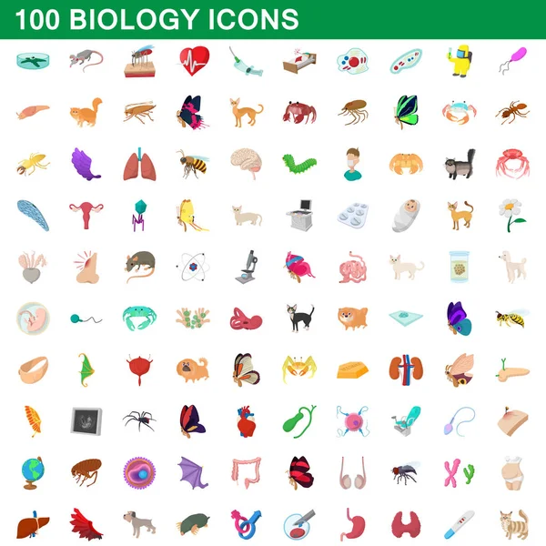 100 iconos de la biología conjunto, estilo de dibujos animados — Vector de stock