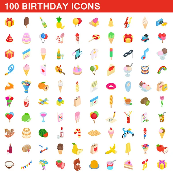 Set di 100 icone di compleanno, in stile isometrico 3d — Vettoriale Stock