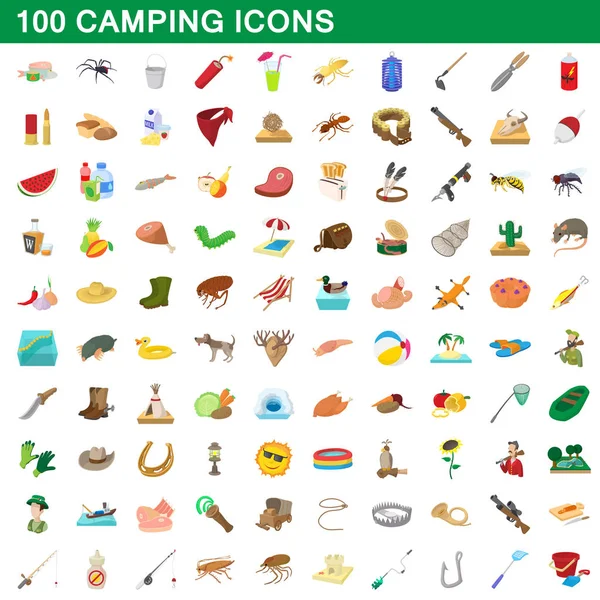 100 iconos de camping conjunto, estilo de dibujos animados — Vector de stock