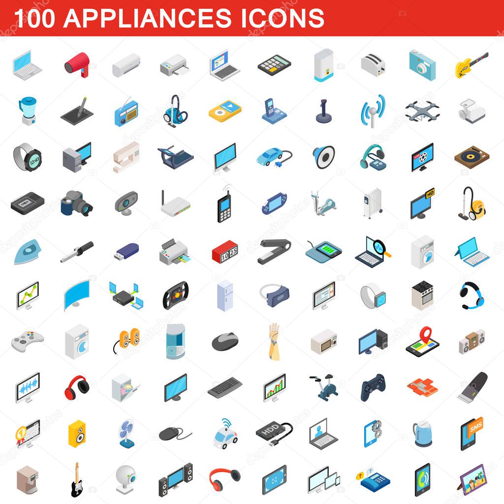 100 appliances icons set, isometric 3d style
