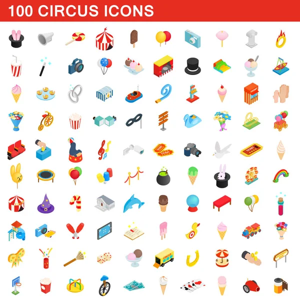 Set di 100 icone circensi, stile isometrico 3d — Vettoriale Stock
