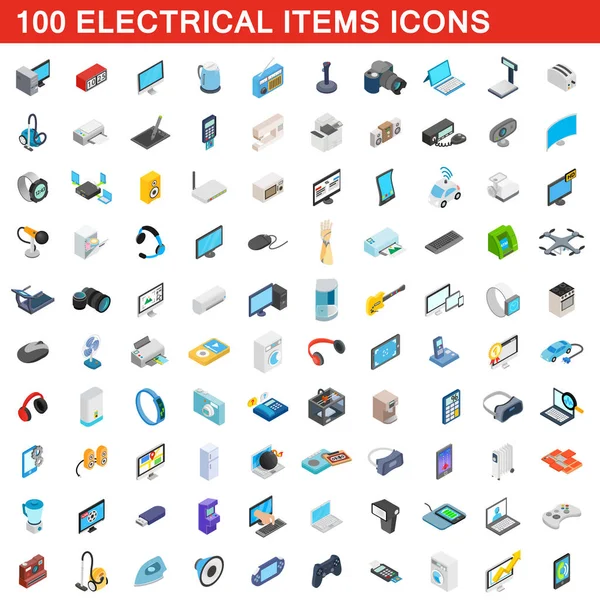 Conjunto de iconos de 100 artículos eléctricos, estilo 3D isométrico — Vector de stock