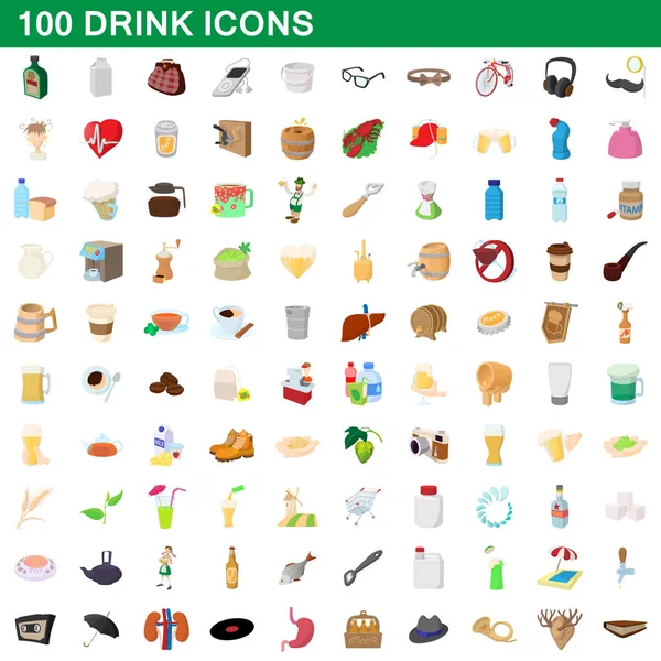 100 zestaw ikon drinków, kreskówka — Wektor stockowy