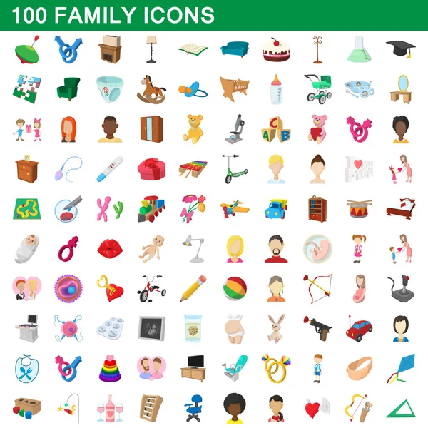 Ensemble de 100 icônes familiales, style dessin animé — Image vectorielle