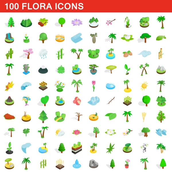 100 flora Icons set, izometrik 3d stili — Stok Vektör