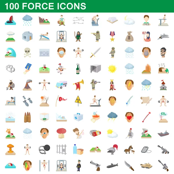 100 iconos de fuerza conjunto, estilo de dibujos animados — Vector de stock