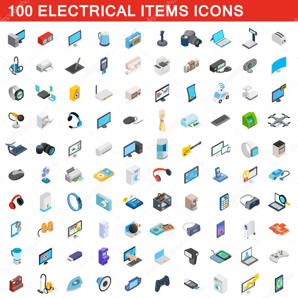 100 electrical items icons set, isometric 3d style