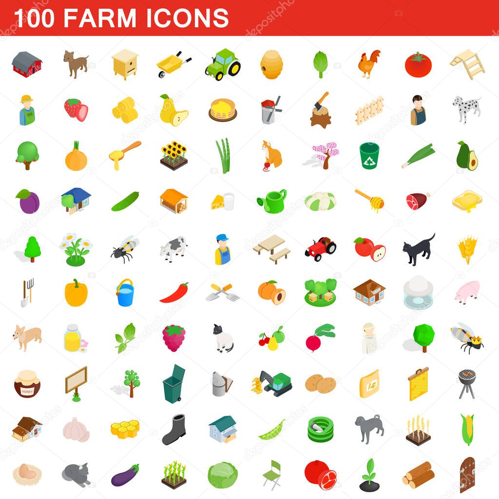 100 farm icons set, isometric 3d style