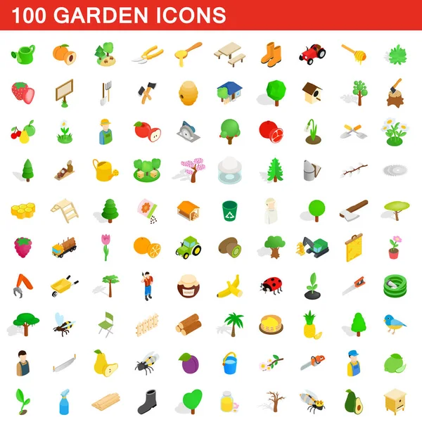 Комплект из 100 садовых икон, изометрический 3d стиль — стоковый вектор