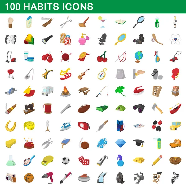 100 hábitos iconos conjunto, estilo de dibujos animados — Vector de stock
