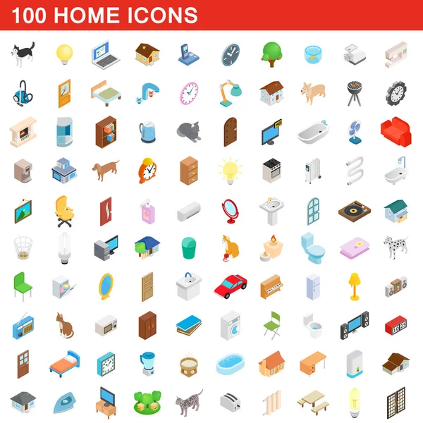 100 ev Icons set, izometrik 3d stili — Stok Vektör