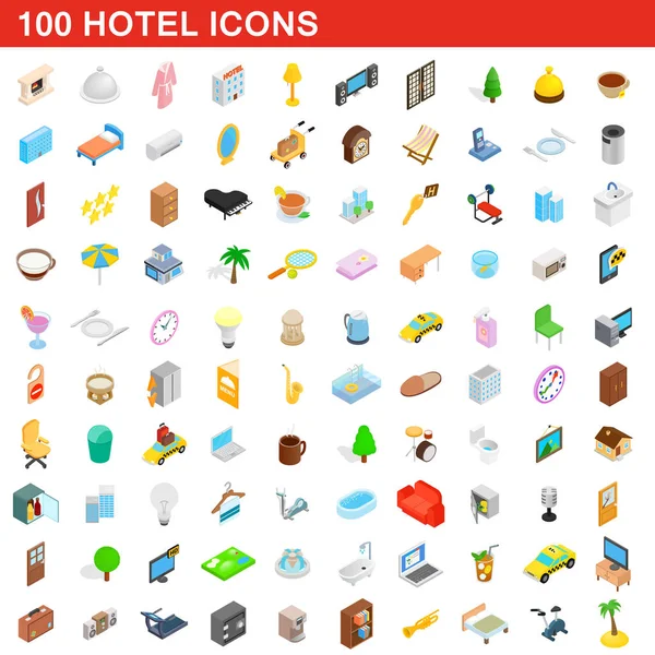 100 otel Icons set, izometrik 3d stili — Stok Vektör