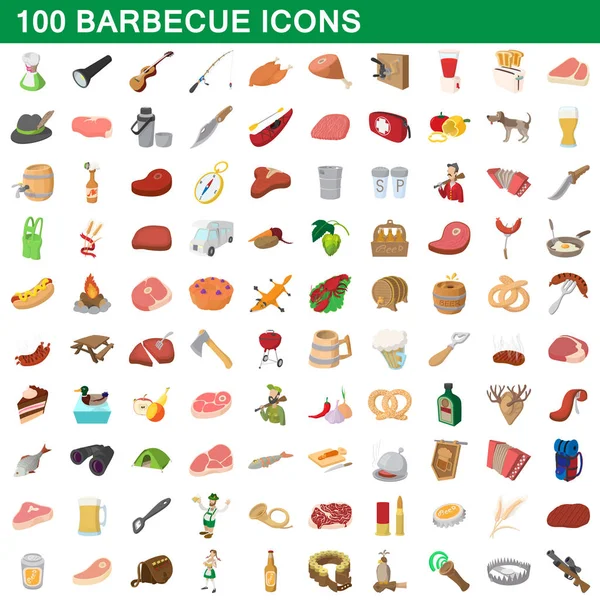 Ensemble de 100 icônes barbecue, style dessin animé — Image vectorielle