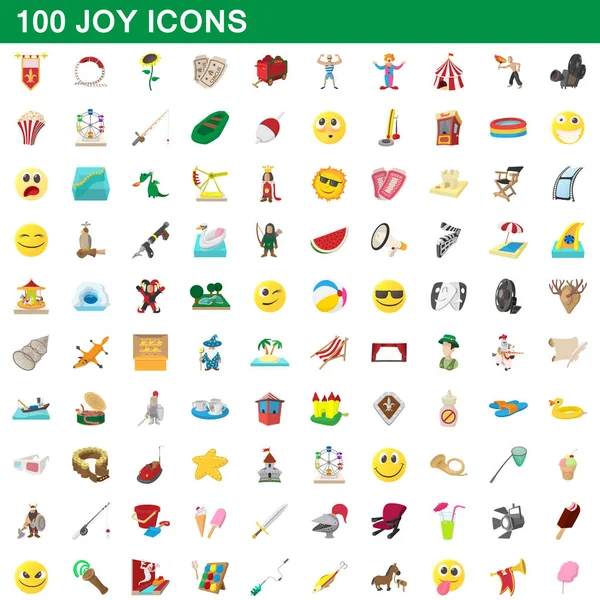 100 conjunto de ícones de alegria, estilo cartoon —  Vetores de Stock