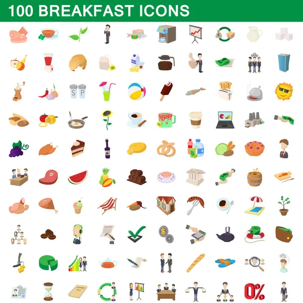 100 iconos de desayuno conjunto, estilo de dibujos animados — Vector de stock