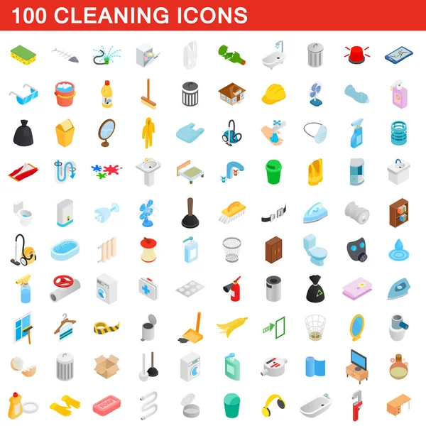 100 conjunto de ícones de limpeza, estilo 3D isométrico —  Vetores de Stock