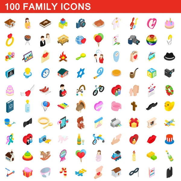 Ensemble de 100 icônes familiales, style 3d isométrique — Image vectorielle