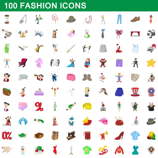 100 наборов икон моды, стиль мультфильма — стоковый вектор
