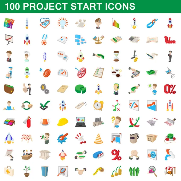 100 proje başlangıç simgeleri ayarla, tarzı çizgi film — Stok Vektör