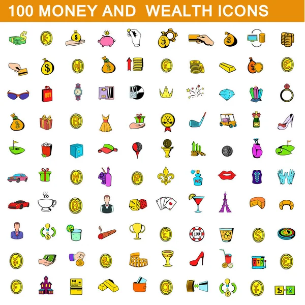 Set di 100 icone di denaro e ricchezza, stile cartone animato — Vettoriale Stock