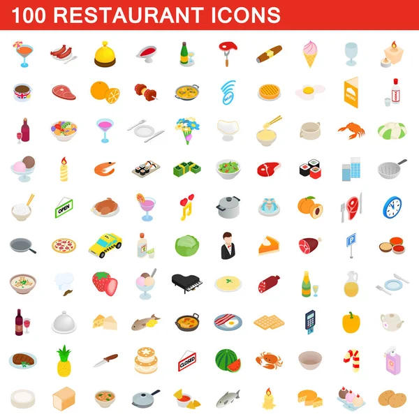 100 restaurang ikoner set, isometrisk 3d-stil — Stock vektor
