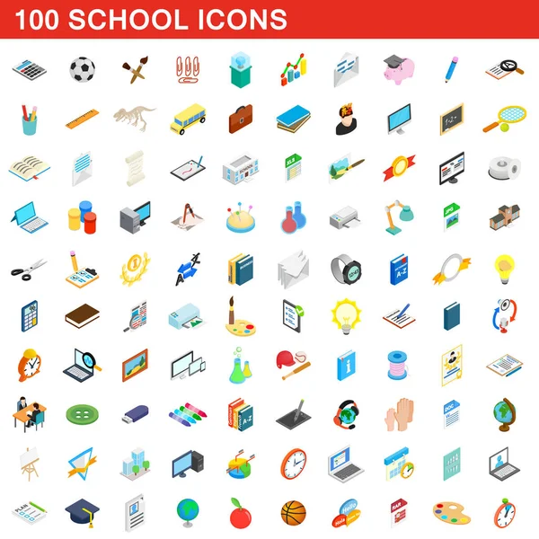 Conjunto de 100 iconos escolares, estilo isométrico 3d — Vector de stock