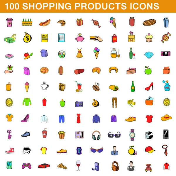 100 productos de compras iconos conjunto, estilo de dibujos animados — Vector de stock