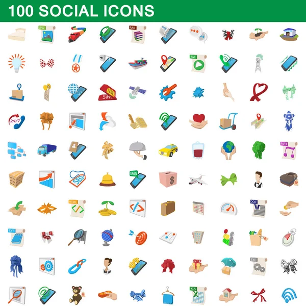 100 iconos sociales, estilo de dibujos animados — Vector de stock