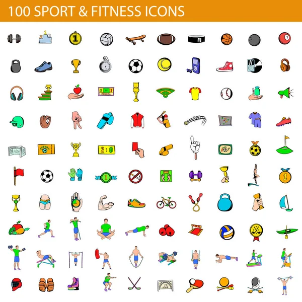 100 spor ve fitness simgeler ayarla, tarzı çizgi film — Stok Vektör