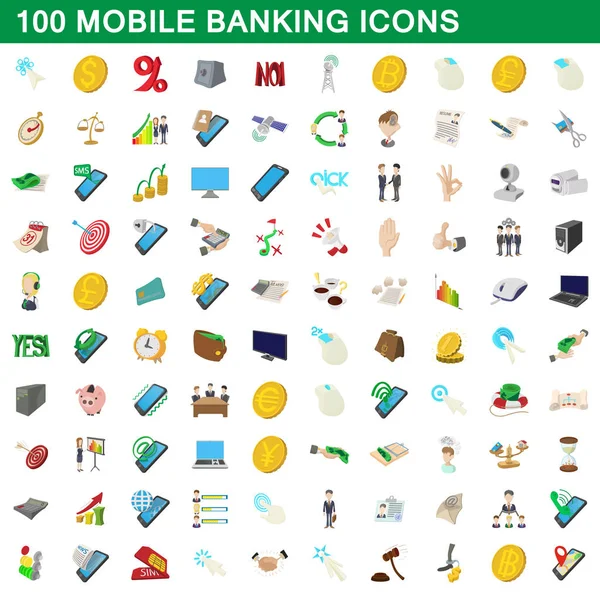 100 іконок мобільного банкінгу, мультиплікаційний стиль — стоковий вектор