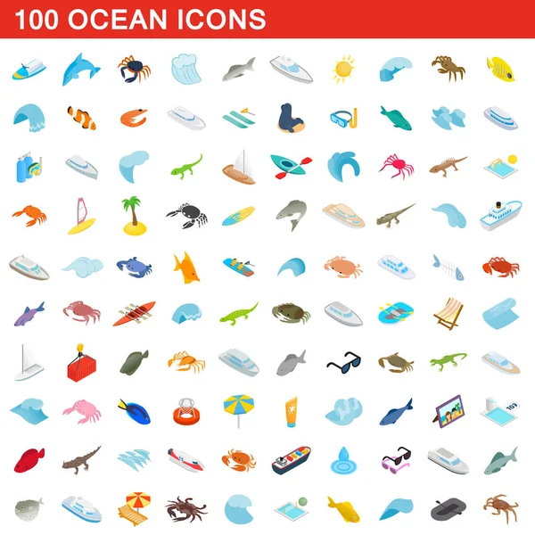 100 conjunto de iconos oceánicos, estilo isométrico 3d — Vector de stock