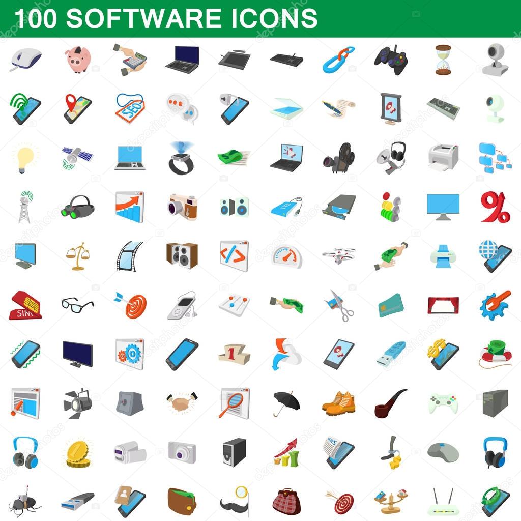 100 software icons set, cartoon style