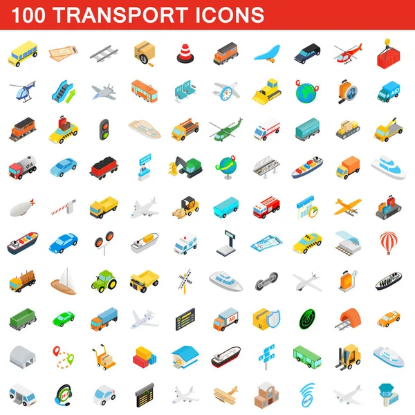 100 транспортних значків, ізометричний 3d стиль — стоковий вектор
