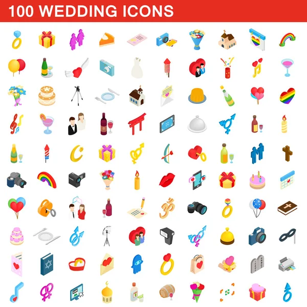 Ensemble de 100 icônes de mariage, style 3d isométrique — Image vectorielle