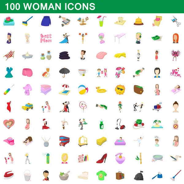 100 set di icone donna, stile cartone animato — Vettoriale Stock