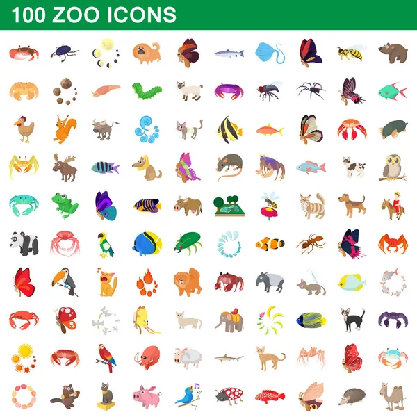 100 Hayvanat Bahçesi simgeler ayarla, tarzı çizgi film — Stok Vektör