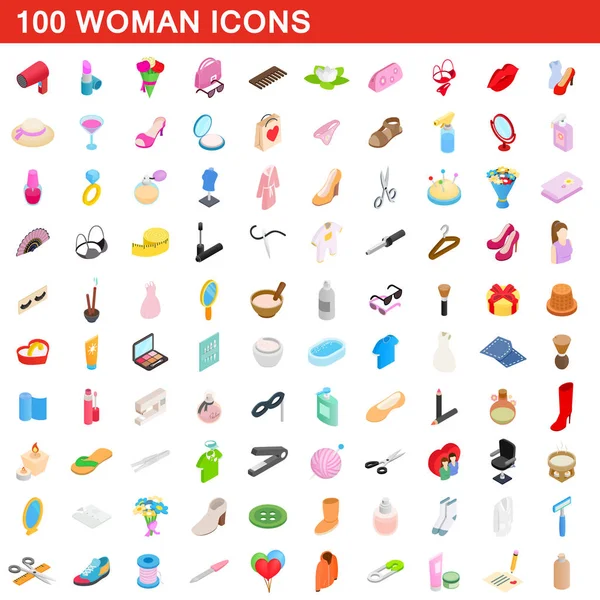 100 nő ikonok beállítása, izometrikus 3D-s stílus — Stock Vector