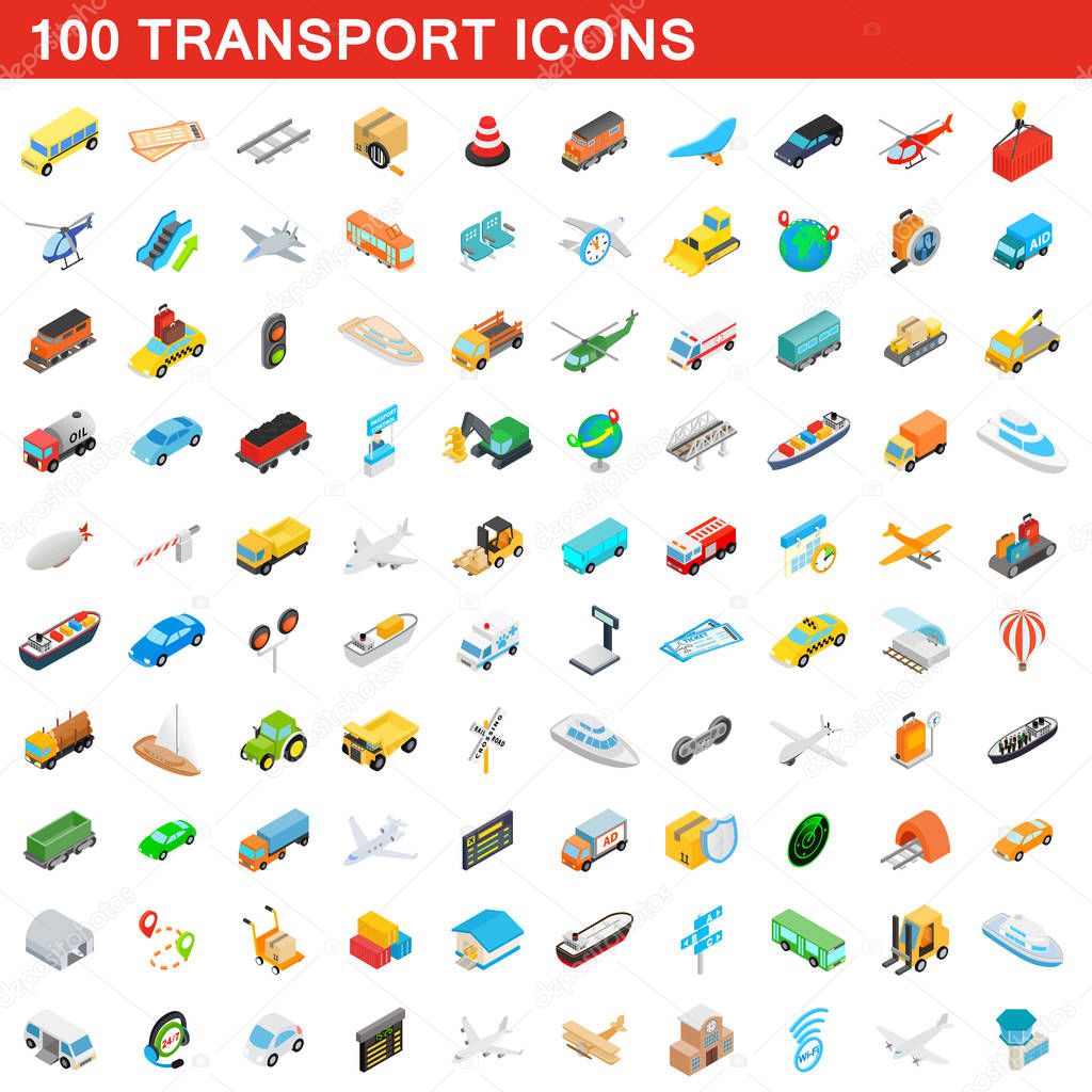 100 transport icons set, isometric 3d style