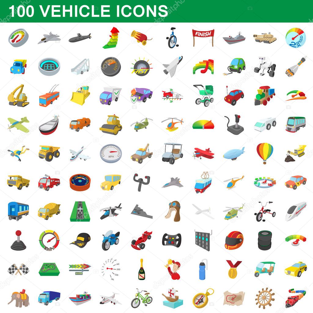 100 vehicle icons set, cartoon style