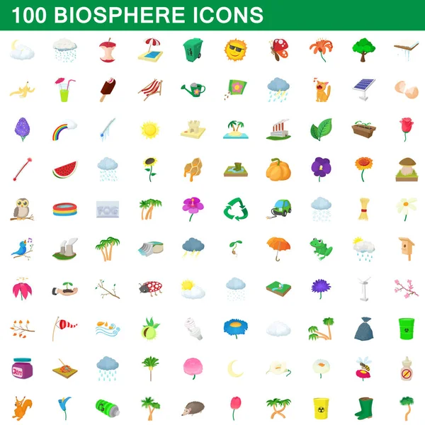 100 iconos de la biosfera, estilo de dibujos animados — Vector de stock
