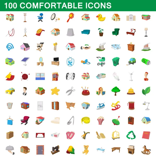 100 iconos cómodos, estilo de dibujos animados — Vector de stock