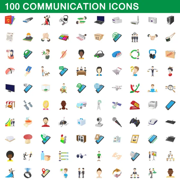 100 de icoane de comunicare set, stil desene animate — Vector de stoc